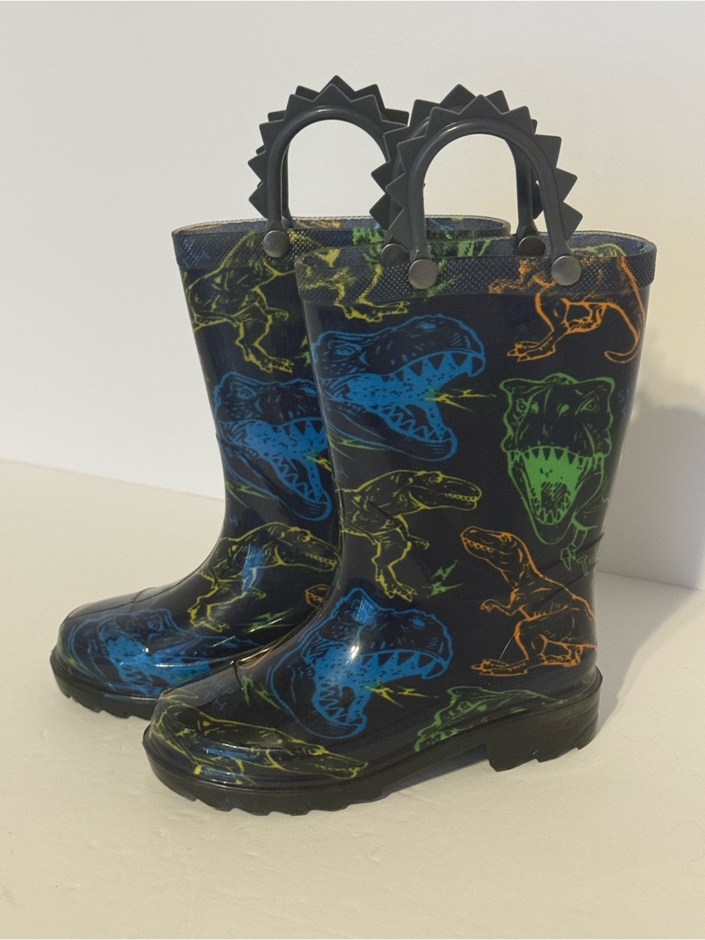 Kids Black Dinosaur Rain Boots Multicolor Lightup size 7/8